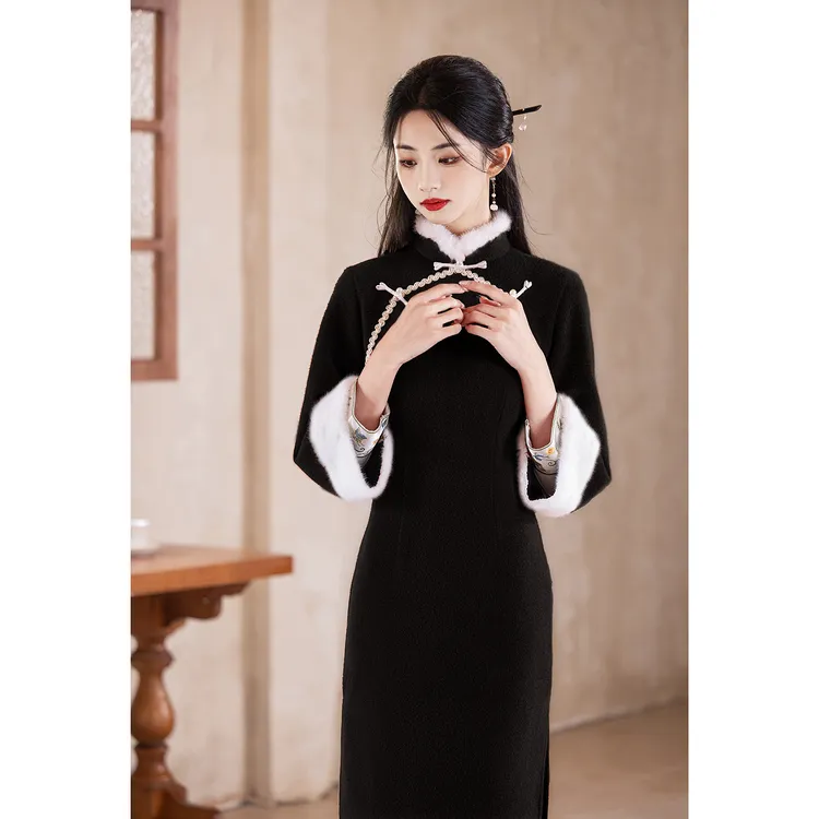 黑色新中式秋冬款旗袍马甲套装2024年优雅气质复古长袖加厚日常款