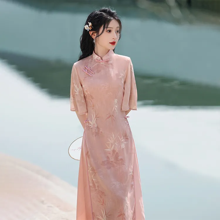 新中式旗袍奥黛裙夏季古风年轻气质A版遮肉日常改良版连衣裙茶服