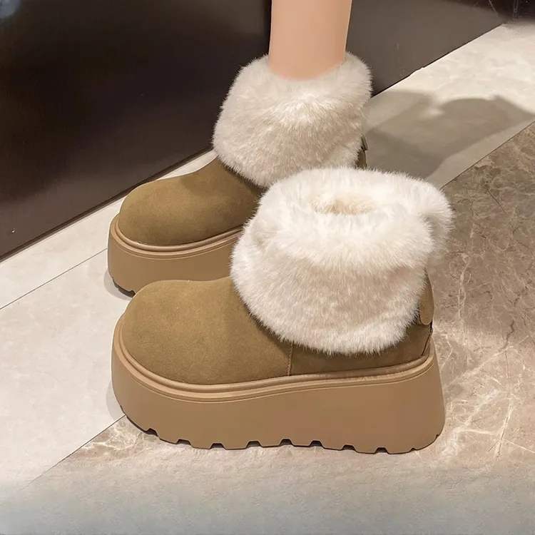 欧货磨砂皮羊羔绒翻领两穿毛毛雪地棉靴厚底松糕小个子超高跟短靴