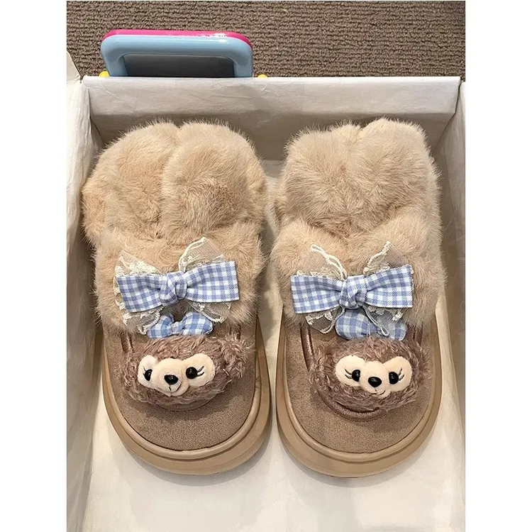 可爱卡通雪莉玫棉鞋女2024冬季时尚外穿舒适加绒加厚一脚蹬雪地靴