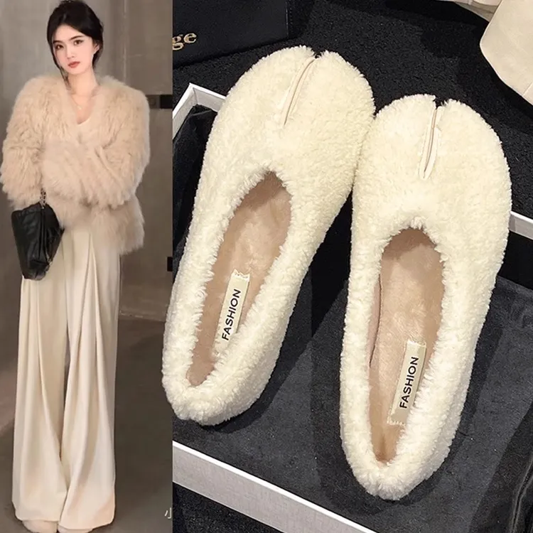 平底毛毛鞋女外穿2025新款秋冬一脚蹬豆豆鞋白色毛羔毛玛丽珍棉鞋
