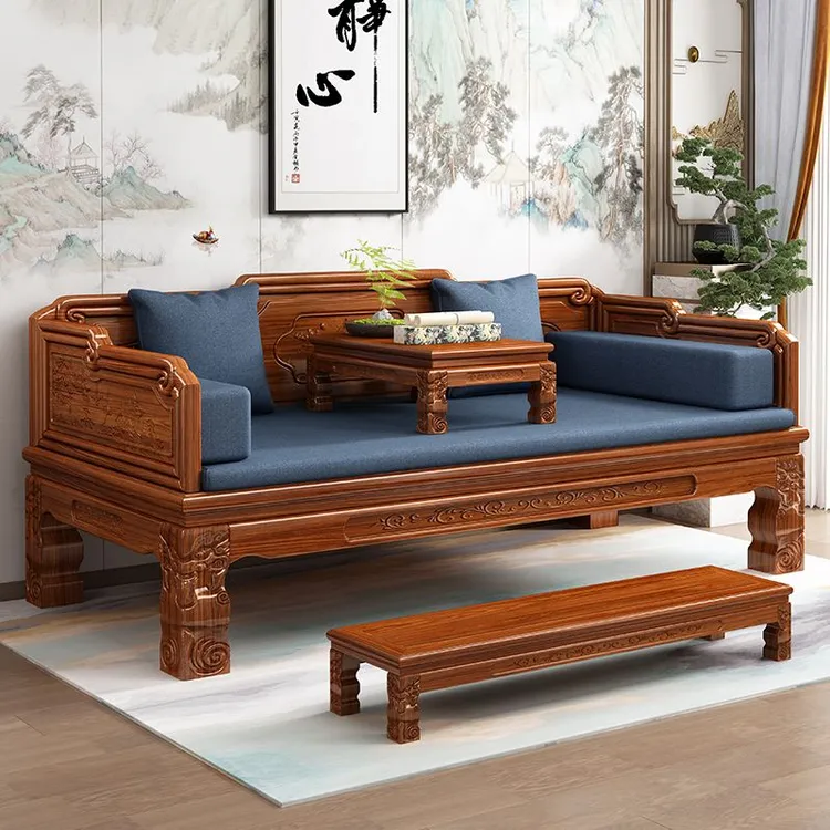 罗汉床新中式实木仿古客厅沙发虎脚雕花罗汉榻床榻榫卯组合三件套