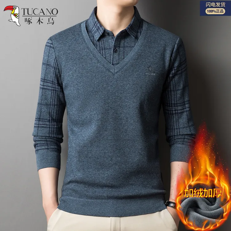 TUCANO/啄木鳥爸爸毛衣加绒加厚男保暖衣中老年冬装假两件针织衫