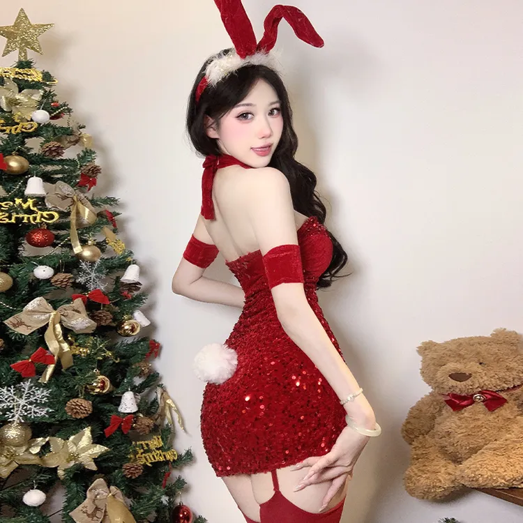 新款性感兔女郎辣妹亮片制服短款包臀红色圣诞连衣裙表演服套装