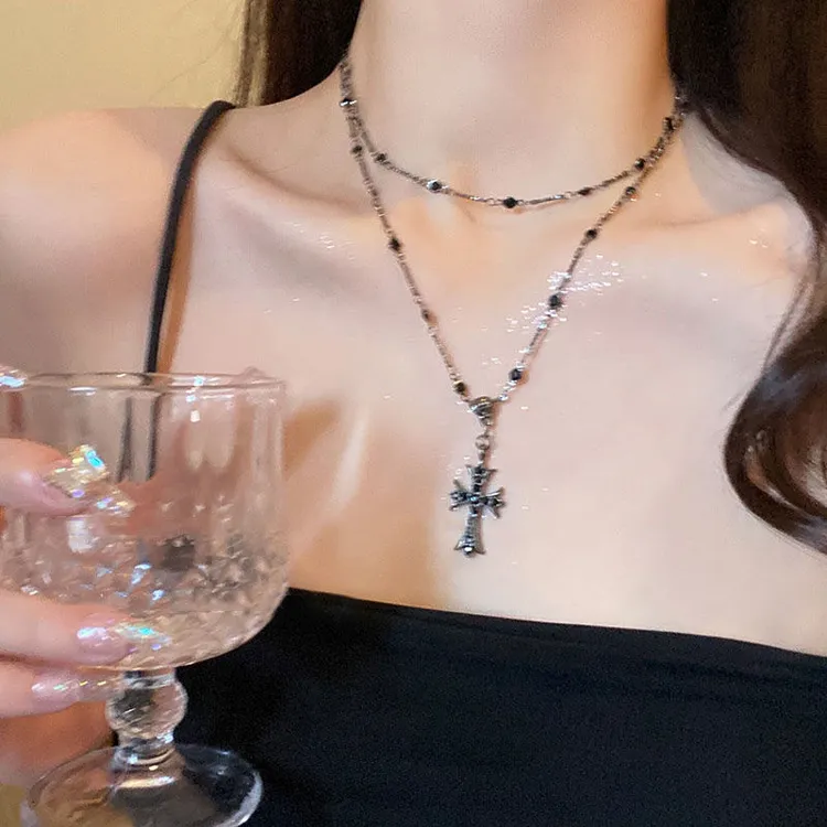 合金亚克力项链 暗黑十字架串珠项链女双层叠戴小众复古颈链X796