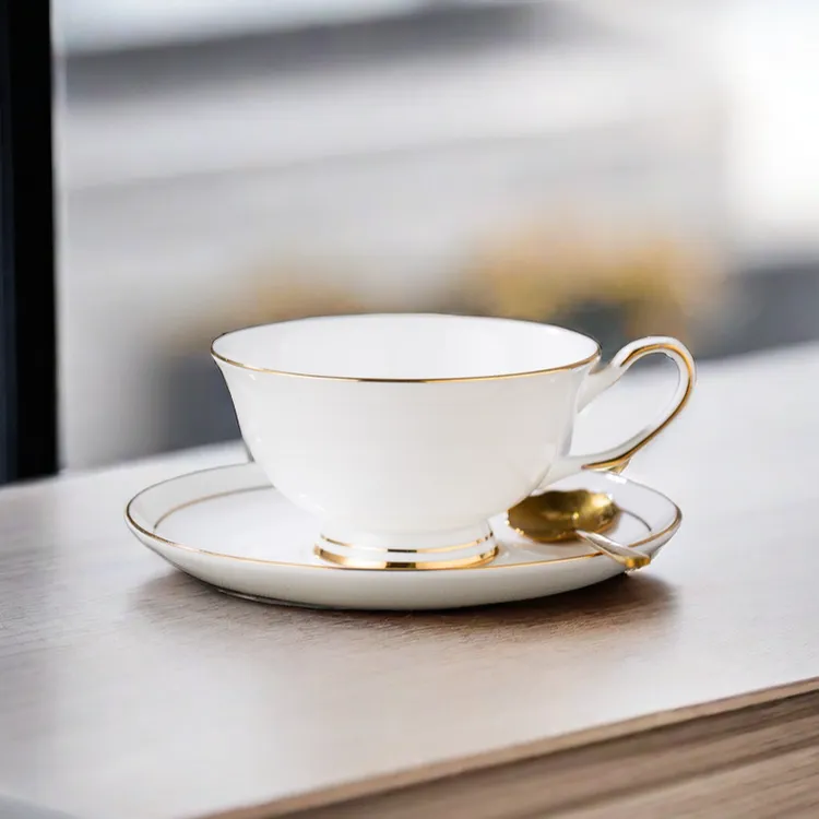 景德镇家用咖啡杯套装杯子简约款陶瓷描金金边精致纯白欧式杯高级