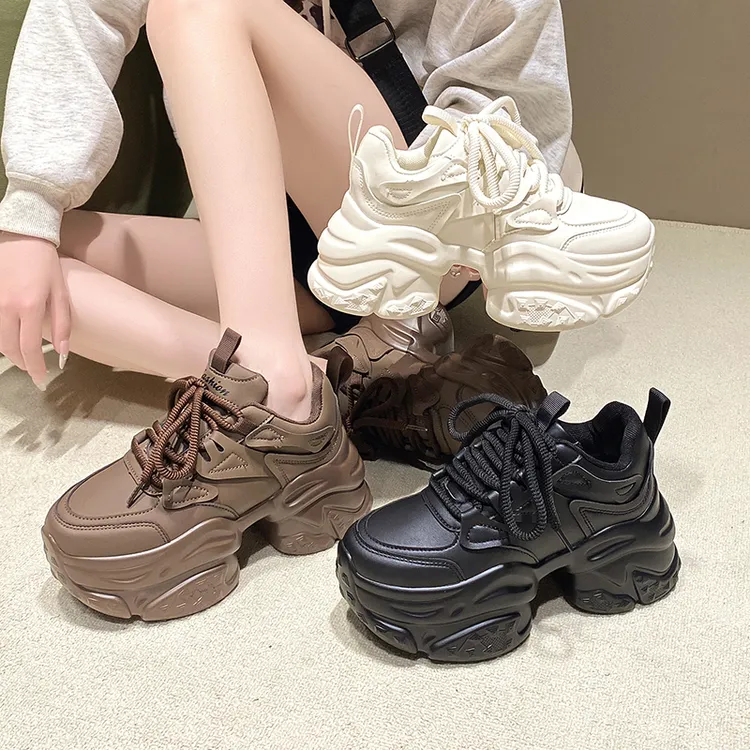 皮面老爹鞋女款2024新款春秋冬厚底增高小个子黑色鞋子休闲运动鞋