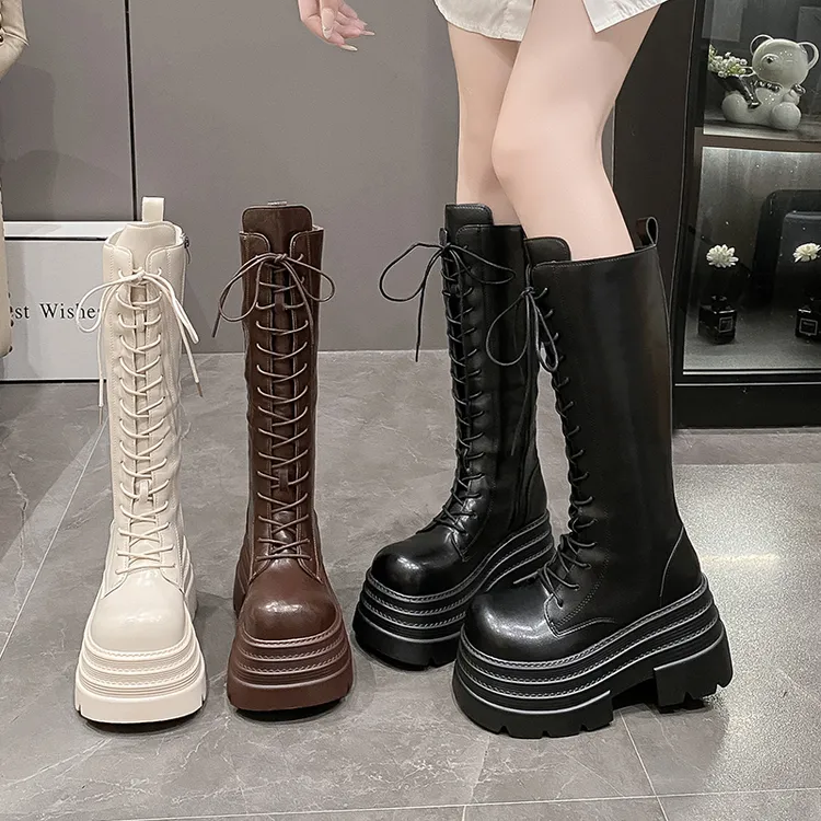 增高10CM长筒靴女秋冬瘦瘦靴显瘦小个子系带骑士靴长靴厚底高筒靴