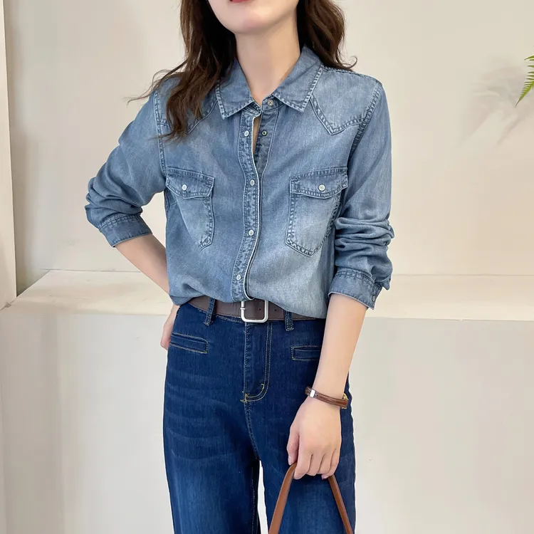 高端女装垂感天丝牛仔衬衫女时尚显瘦长袖百搭叠穿打底衬衣女上衣