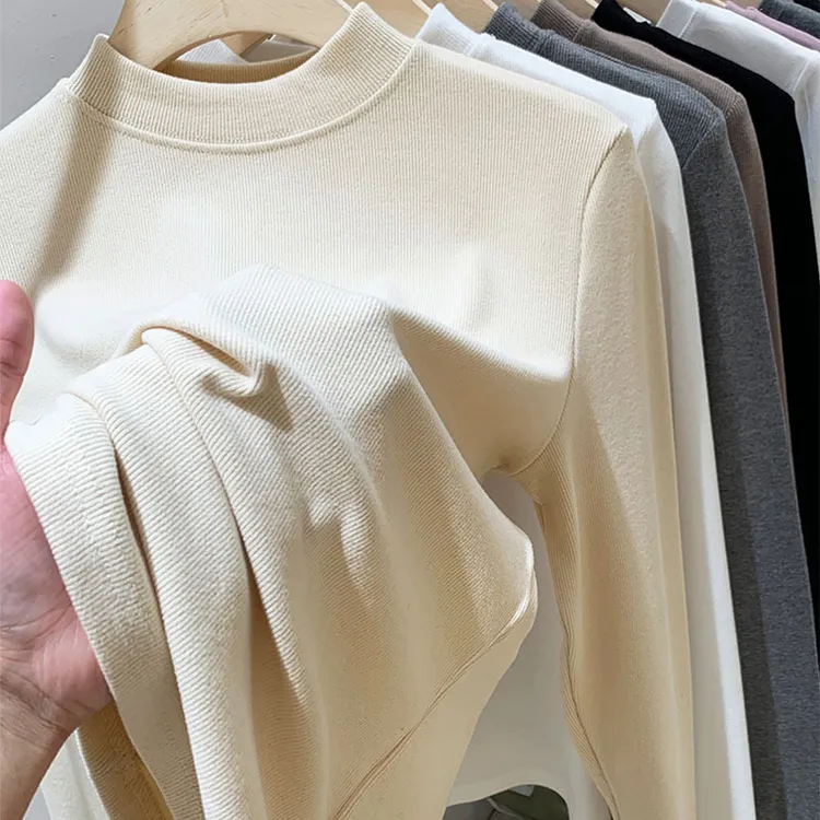 半高领德绒打底衫女内搭秋冬季加绒磨毛长袖中领纯色修身打底衣服