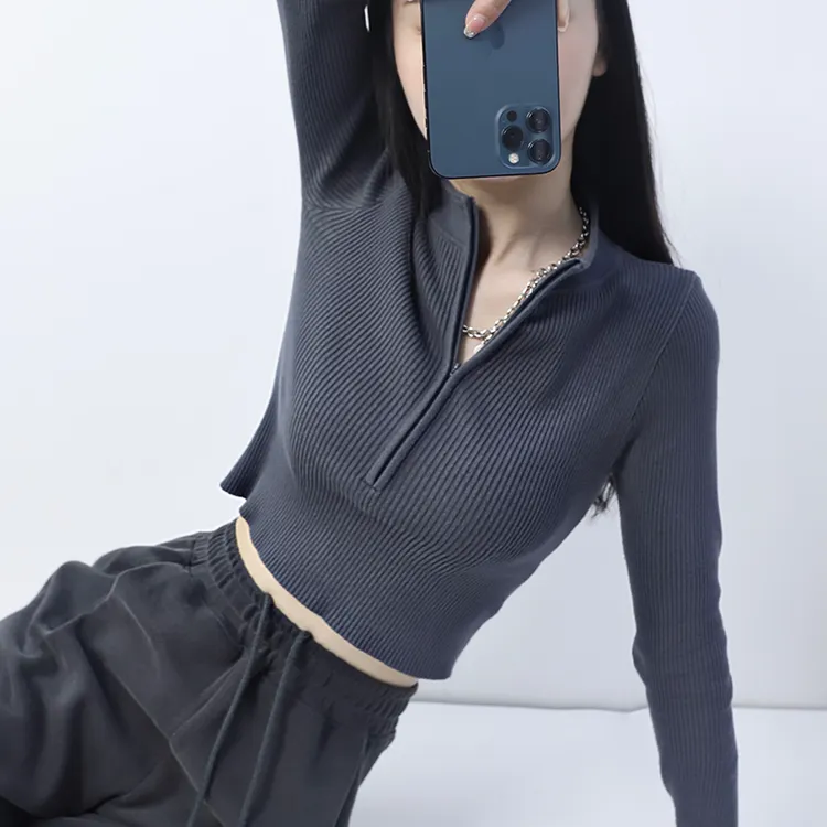 动感少女螺纹拉链加厚长袖针织衫女秋冬修身显瘦百搭紧身运动上衣