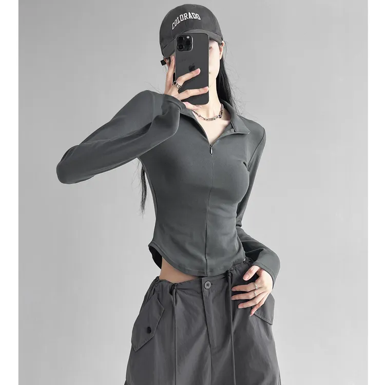 动感少女欧美风弹力紧身翻领T恤女修身显瘦性感收腰短款运动上衣