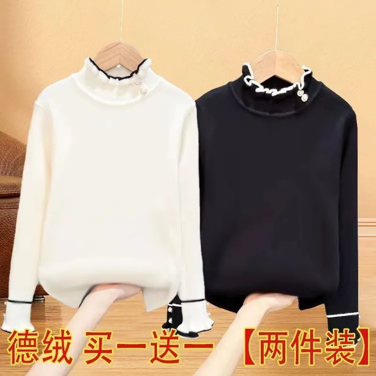 女童2024秋冬季中大童内搭保暖上衣长袖双面德绒半高领纯色打底衫