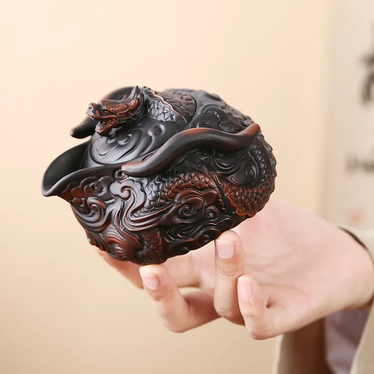 紫陶创意飞龙手抓壶大容量纯手工堆雕复古陶瓷旅行功夫茶具泡茶壶