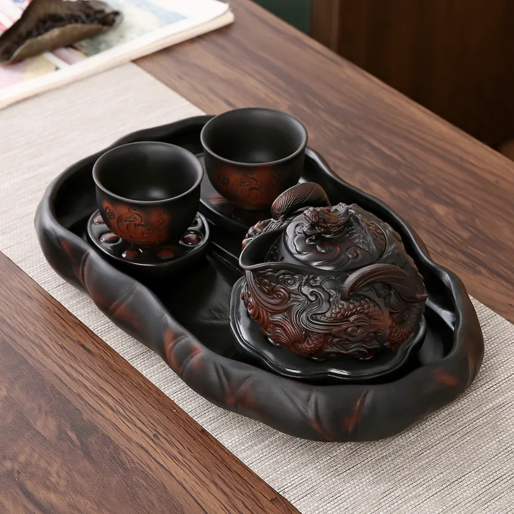 紫陶创意飞龙手抓壶储水式堆雕壶承旅行茶具一壶二杯功夫茶具套装