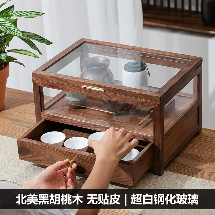 黑胡桃木茶具收纳盒桌面防尘玻璃展示柜文玩手串紫砂壶茶杯收纳柜