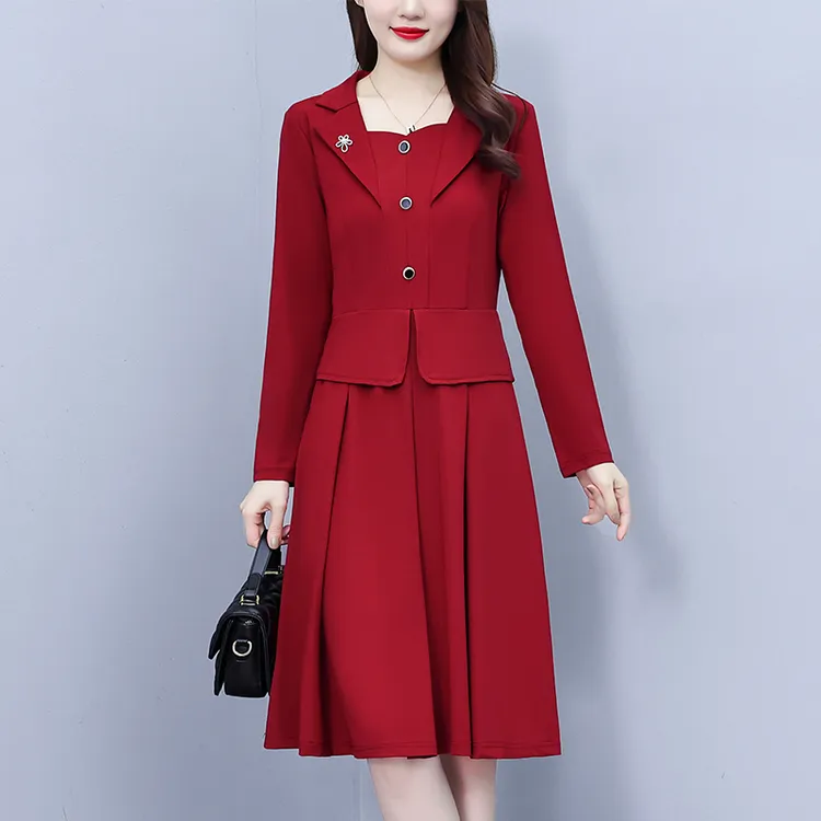 春秋新款韩版大码减龄假两件小个子妈妈修身气质高档连衣裙866015