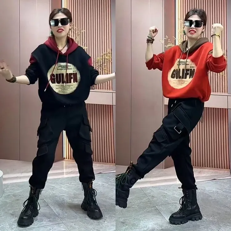 2024秋冬女新款韩版宽松显瘦加绒加厚连帽卫衣两件套休闲运动套装