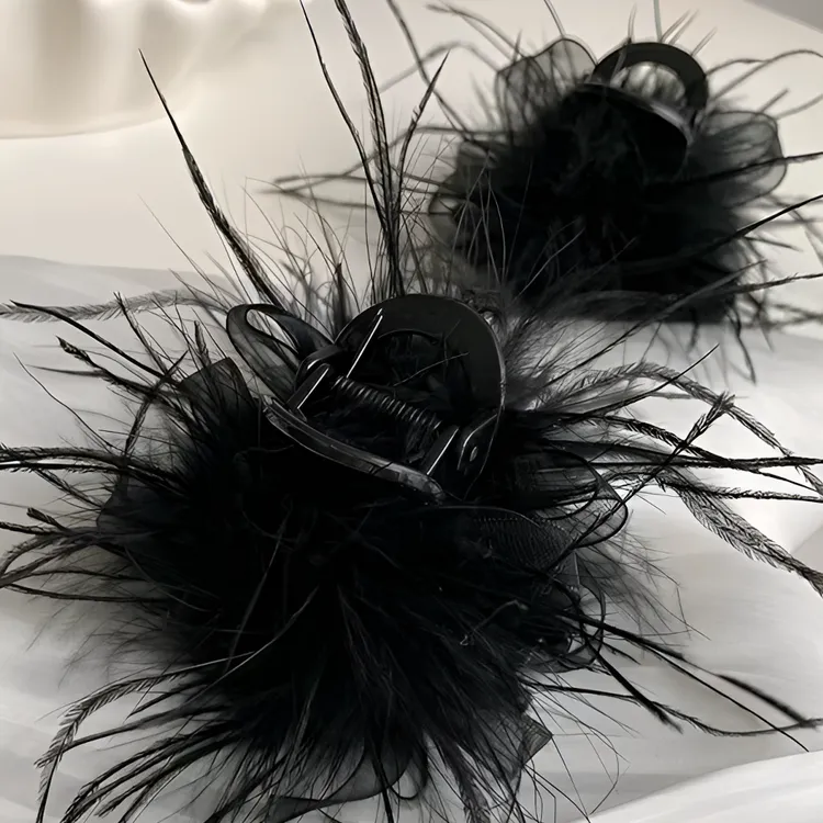秋冬黑色网纱羽毛抓夹鲨鱼夹驼鸟毛发夹后脑勺半扎发网红抓夹
