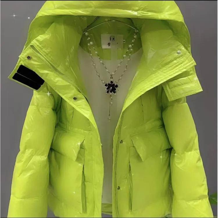 绿色亮连帽棉服女士短款面包服加厚冬季2024年新款欧洲站