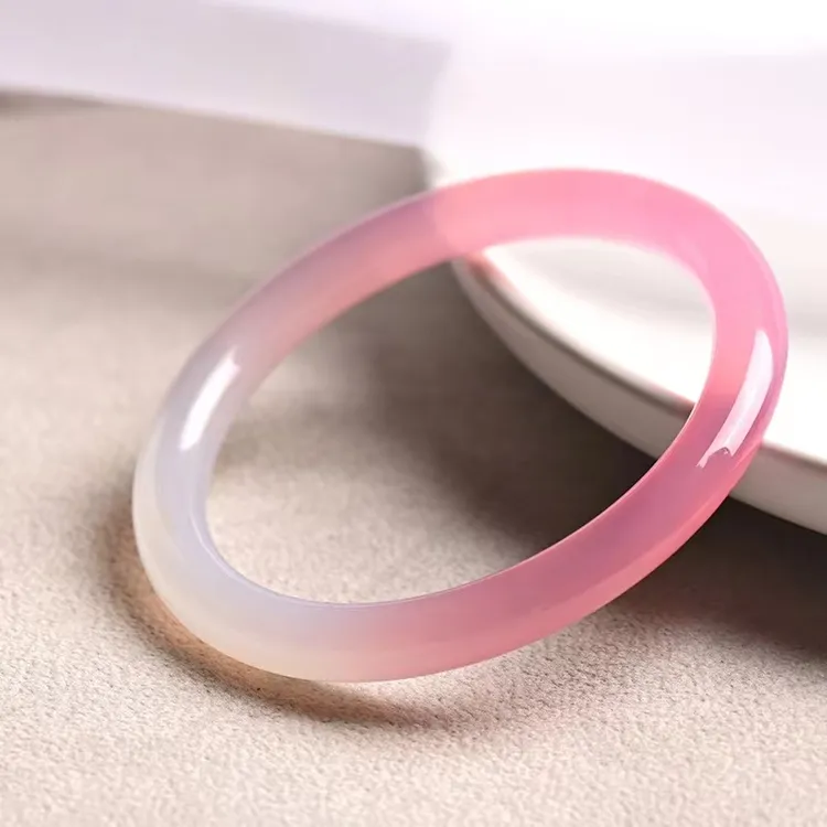 天然半山半水圆条玛瑙玉髓美人镯叮当镯少女粉女款国风多样性发货