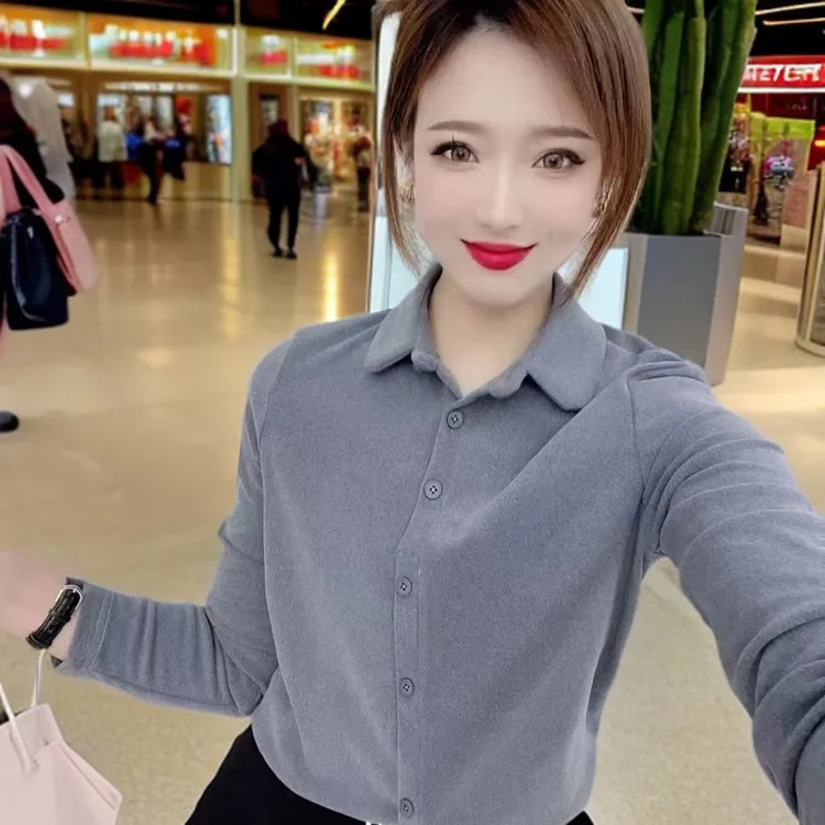 德绒纯色衬衣打底衫显瘦上衣(23112)