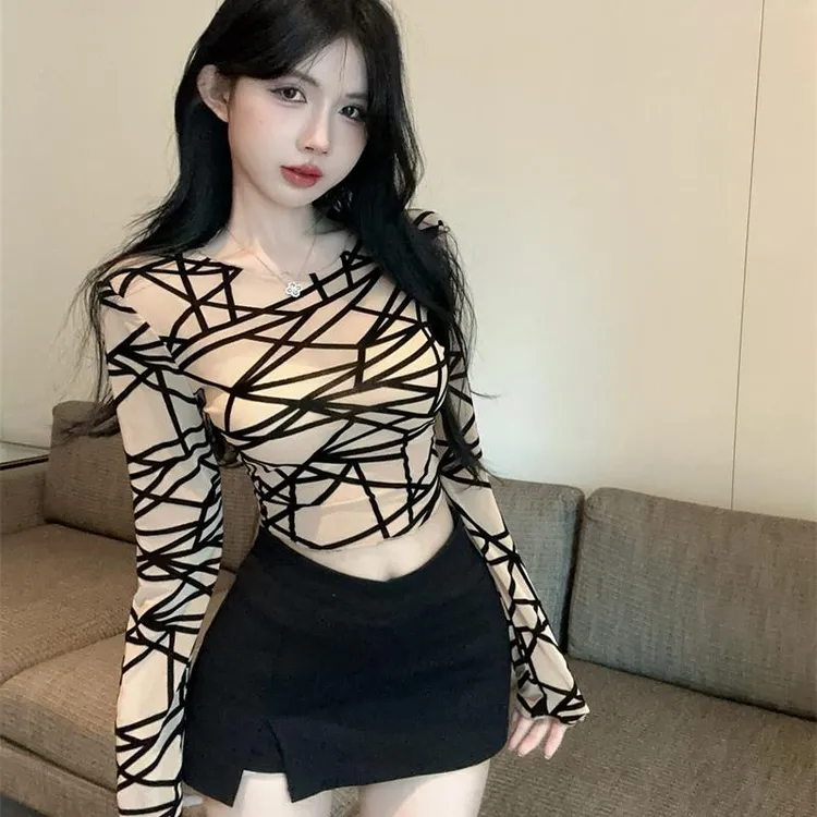 洋气修身性感亲肤设计感网纱长袖上衣打底衫女冬内搭辣妹长袖t恤