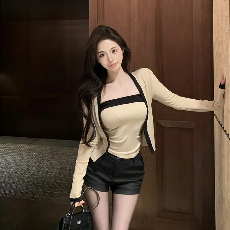 韩系针织开衫外套秋冬爆款高级感上衣纯欲风性感抹胸背心两件套女