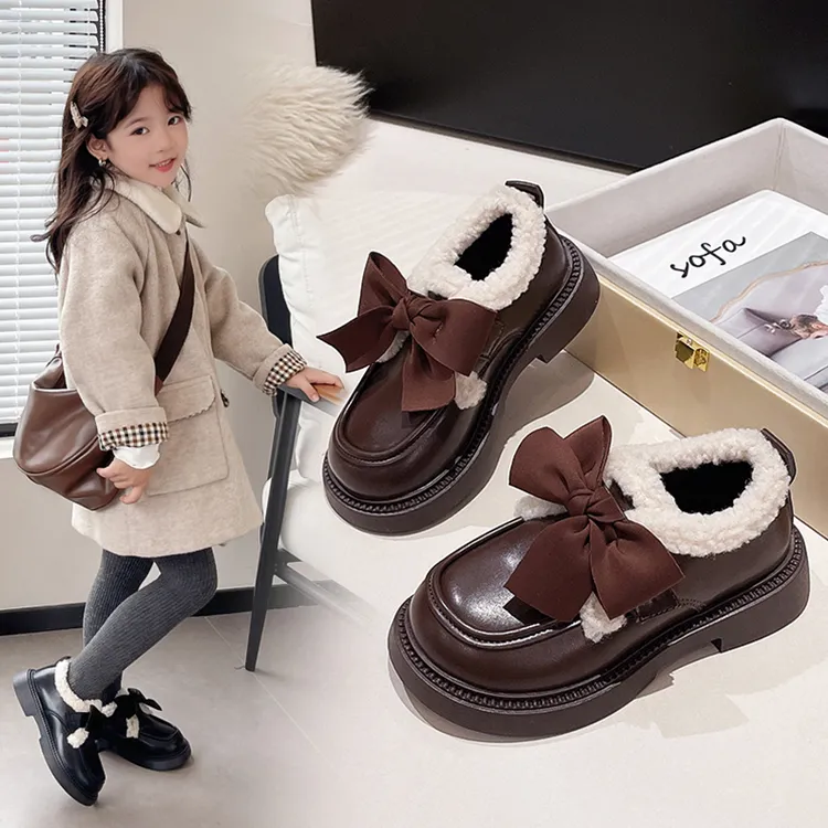女童皮鞋加绒棉鞋秋冬儿童蝴蝶结保暖皮鞋中童厚底英伦风公主鞋