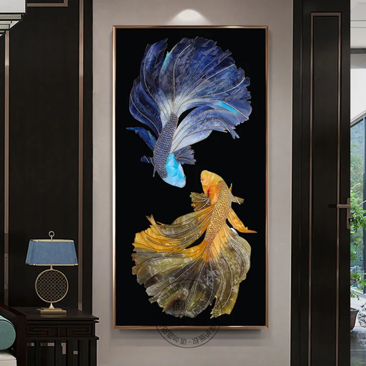 现代轻奢鲤鱼手工珐琅彩装饰画高级大气玄关入户走廊餐厅客厅挂画