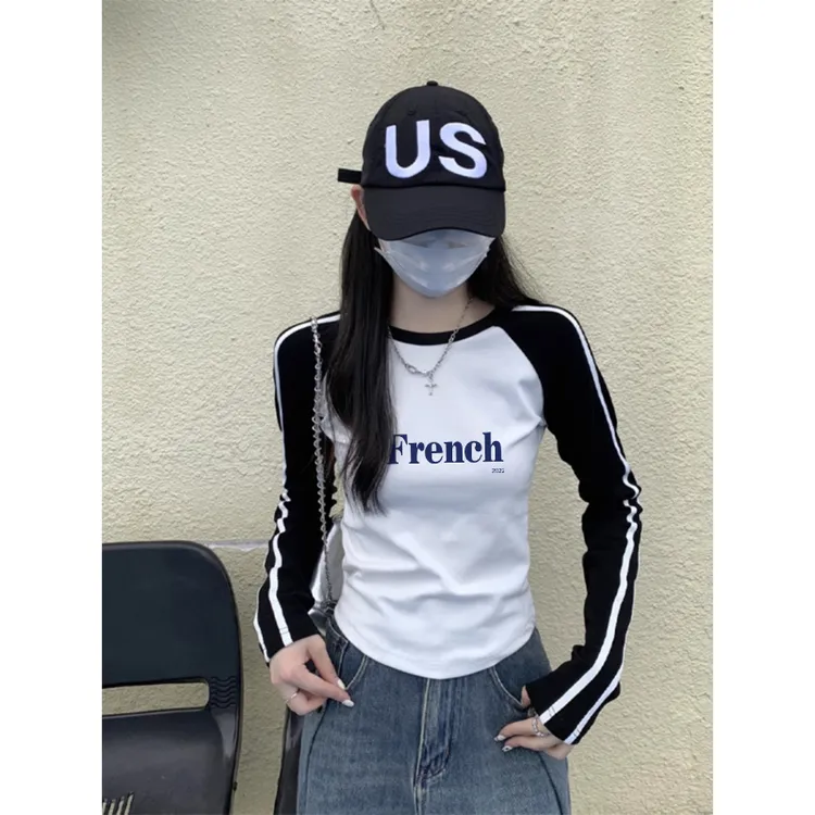 美式插肩长袖T恤女2025早秋新款修身显瘦内搭打底衫辣妹短款上衣