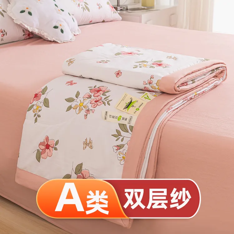 双层纱水洗棉麻夏被薄款夏季凉感空调被可机洗单人学生宿舍夏凉被