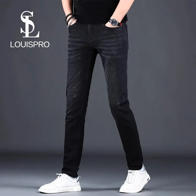 Louispro秋冬新款高端牛仔裤男士黑色潮流弹力长裤休闲修身小脚裤
