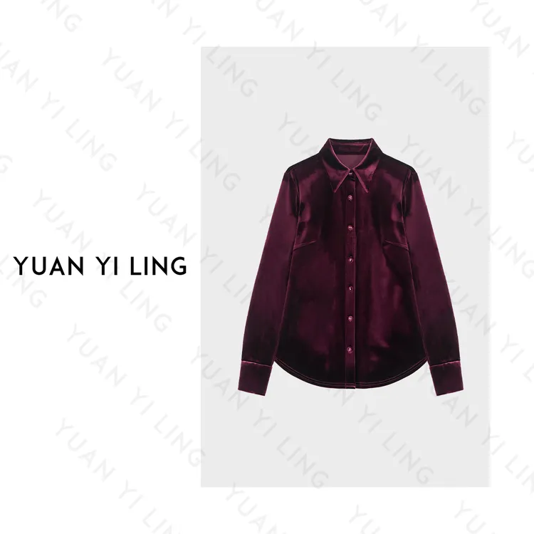 袁艺灵【红丝绒】冬季款时髦丝绒暗红高级感满满女装衬衫(微微掉色)