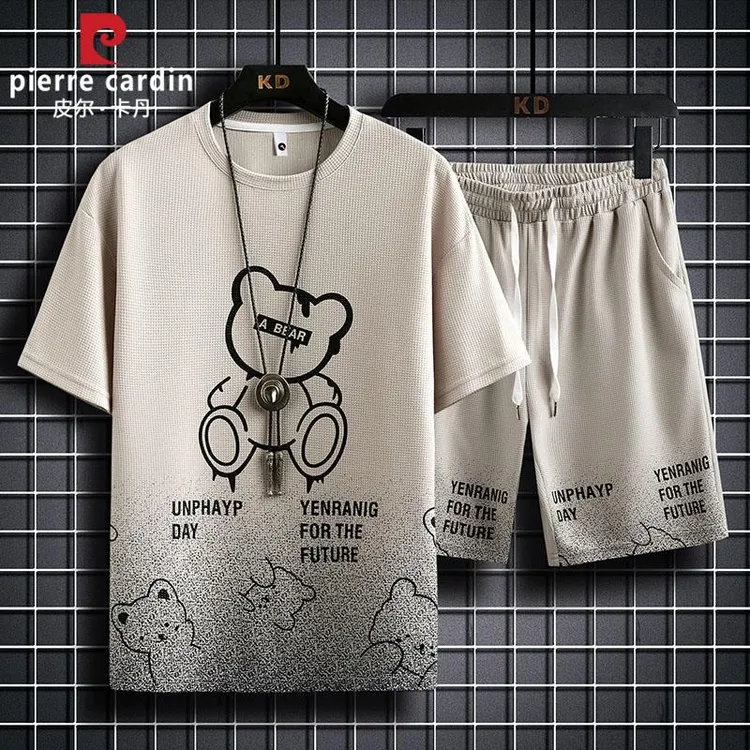 皮尔卡丹男士华夫格短裤套装夏季薄款圆领渐变色印花短袖运动套装