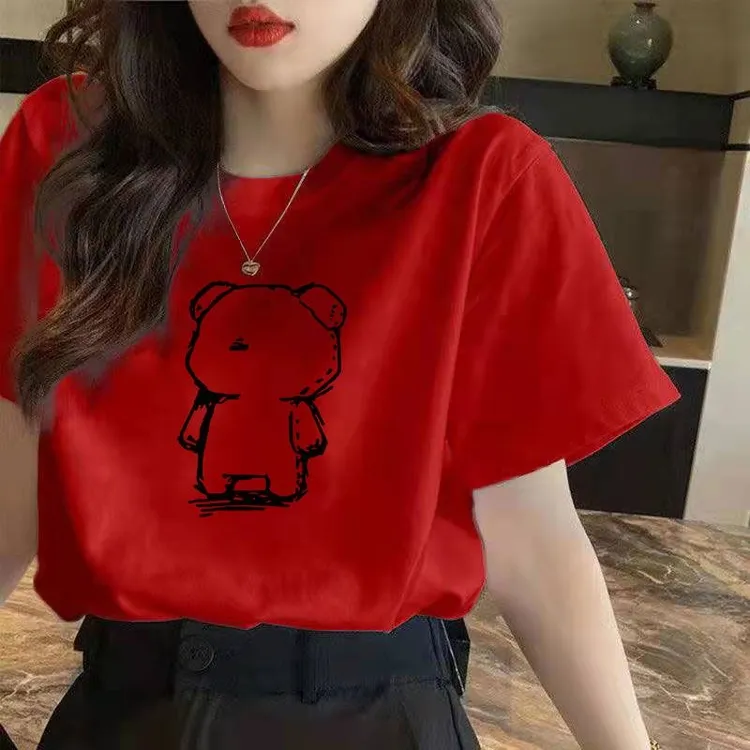 红色纯棉T桖新款夏季宽松遮肉显瘦上衣