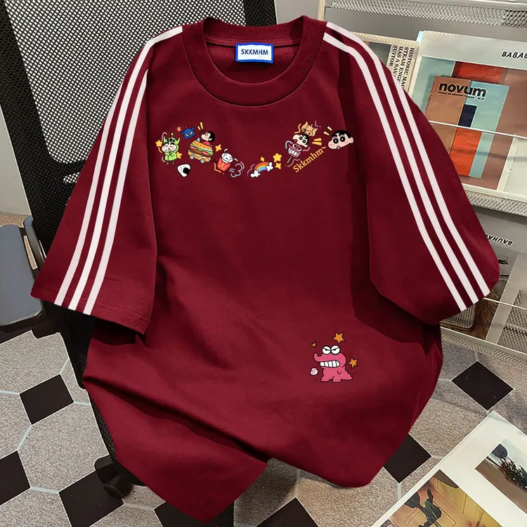 100%纯棉设计感三条杠短袖卡通印花t恤男女夏季宽松百搭情侣上衣