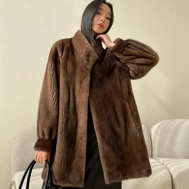 双色毛进口貂绒外套2024冬季新款女中长款斜排领风衣环保貂2