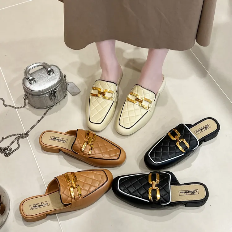2024新款文艺范包头半拖鞋高档彩镀链扣韩版气质一脚蹬女单鞋防滑