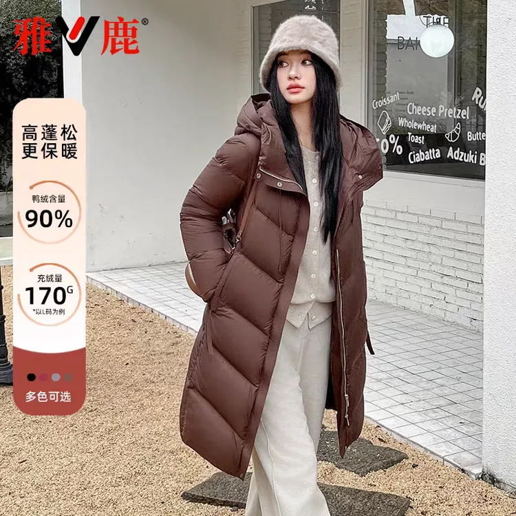 V/雅鹿2024新款羽绒服女长款90绒过膝修身连帽加厚保暖休闲外套