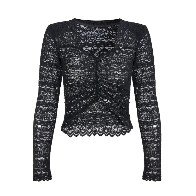 BADINA芭蒂娜镂空针织衫女秋新款V领蕾丝打底衫显瘦上衣133P031