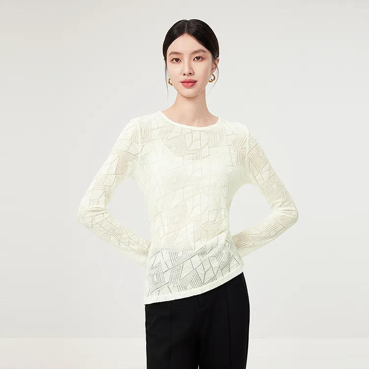 芭蒂娜绵羊毛几何收腰蕾丝衫设计感不规则修身打底衫上衣644M186