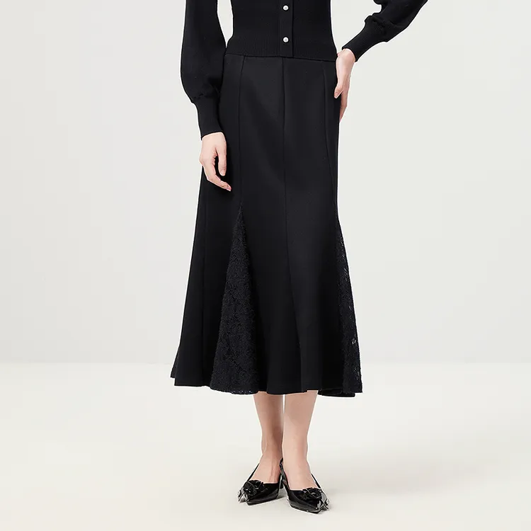 芭蒂娜法式蕾丝鱼尾半身裙冬黑色高腰显瘦中长裙644S077