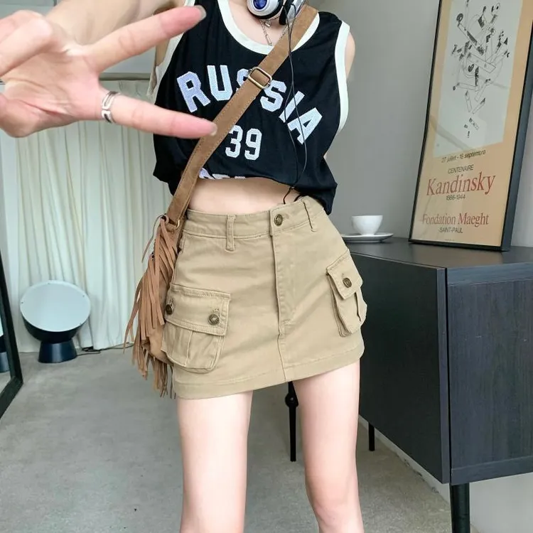 卡其色工装牛仔短裙女美式复古高腰a字半身裙辣妹防走光包臀裙裤