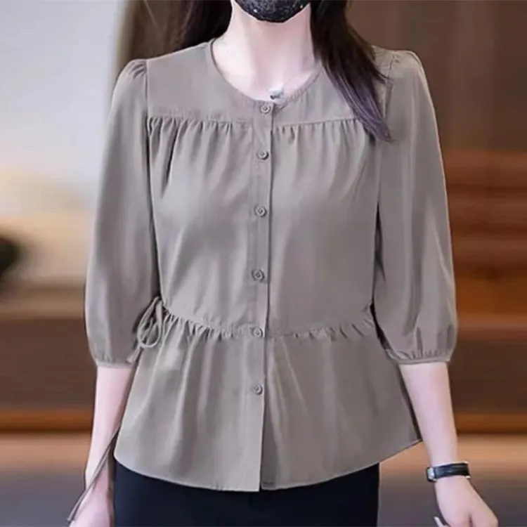 2025新款纯色衬衫上衣显瘦气质春季小衫收腰中袖