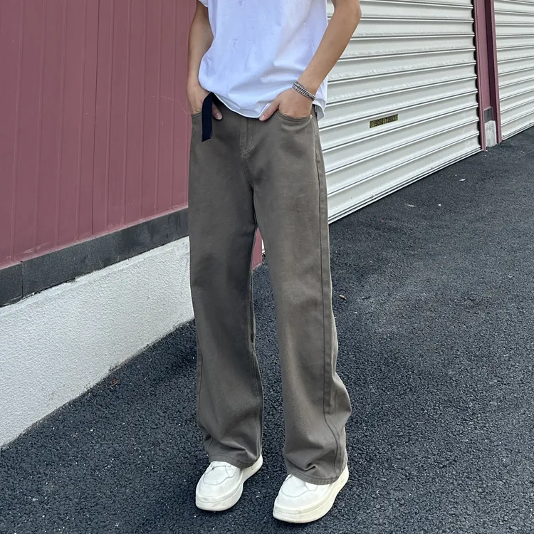 QUALCOMM秋季美拉德咖色宽松直筒牛仔裤男潮流百搭显瘦阔腿长裤子