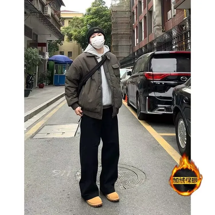 QUALCOMM美式复古宽松阔腿黑色加绒牛仔裤男秋冬潮流百搭加厚长裤