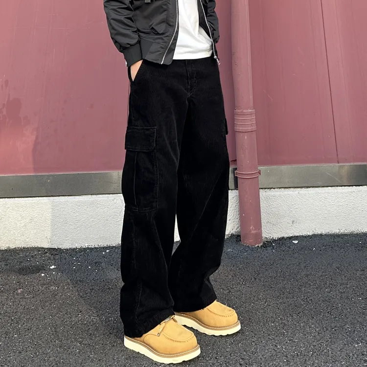 QUALCOMM秋冬新款大口袋工装休闲裤男款潮流灯芯绒阔腿裤黑色长裤