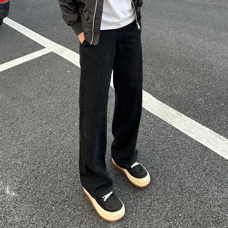 QUALCOMM美式斜切黑色加绒牛仔裤男款秋冬潮流百搭巨显瘦直筒长裤