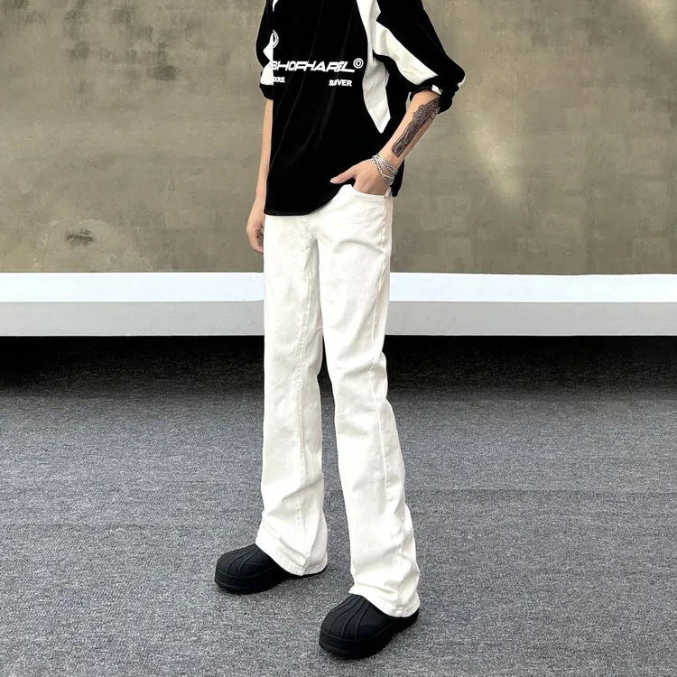 QUALCOMM美式复古白色牛仔裤男春秋潮牌爆款高街微喇显瘦直筒长裤